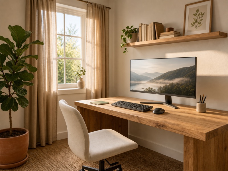 A sunlit home office with a wide monitor on a wooden desk beside a window