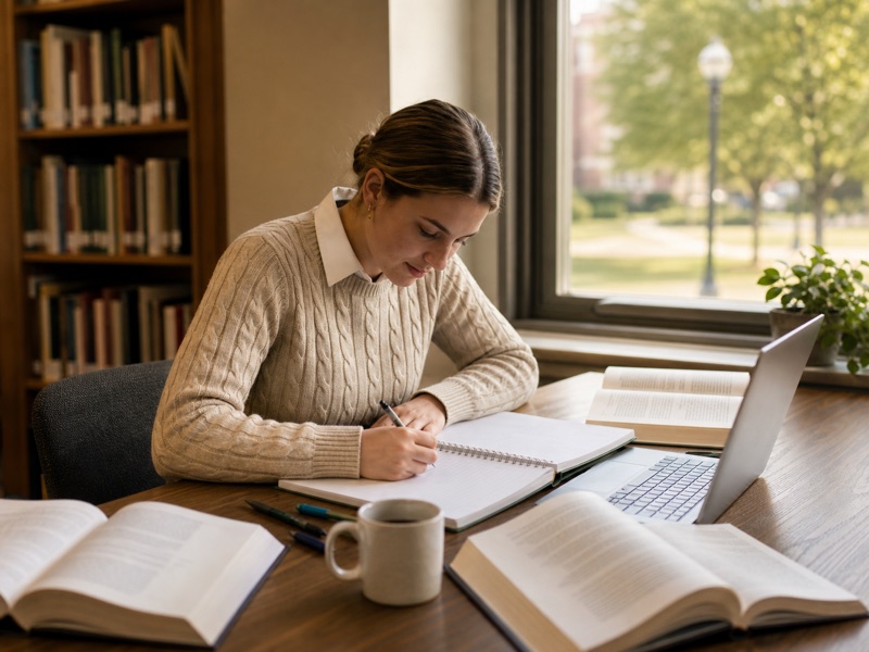 A student writing notes at a library desk, campus grounds visible through the window