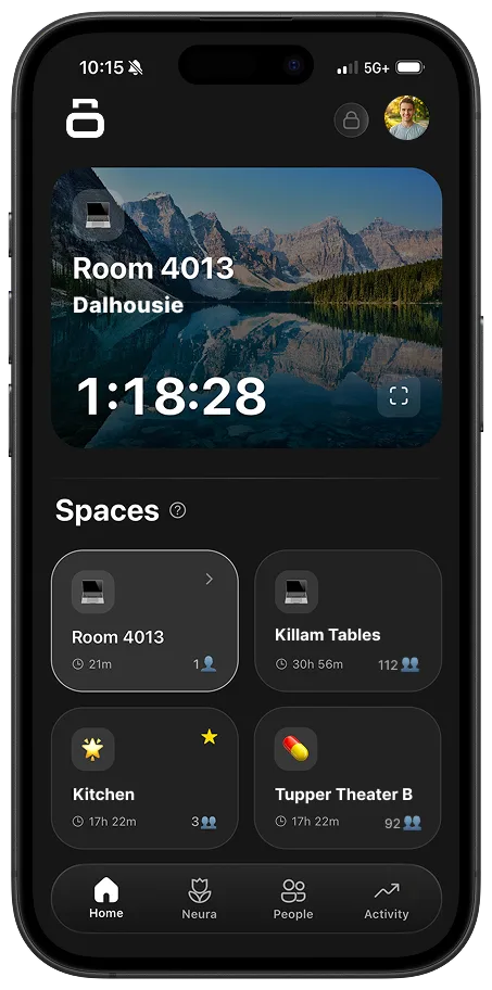 The Typalock app home screen: an active focus session in Room 4013 with a running timer, above a list of nearby Spaces.